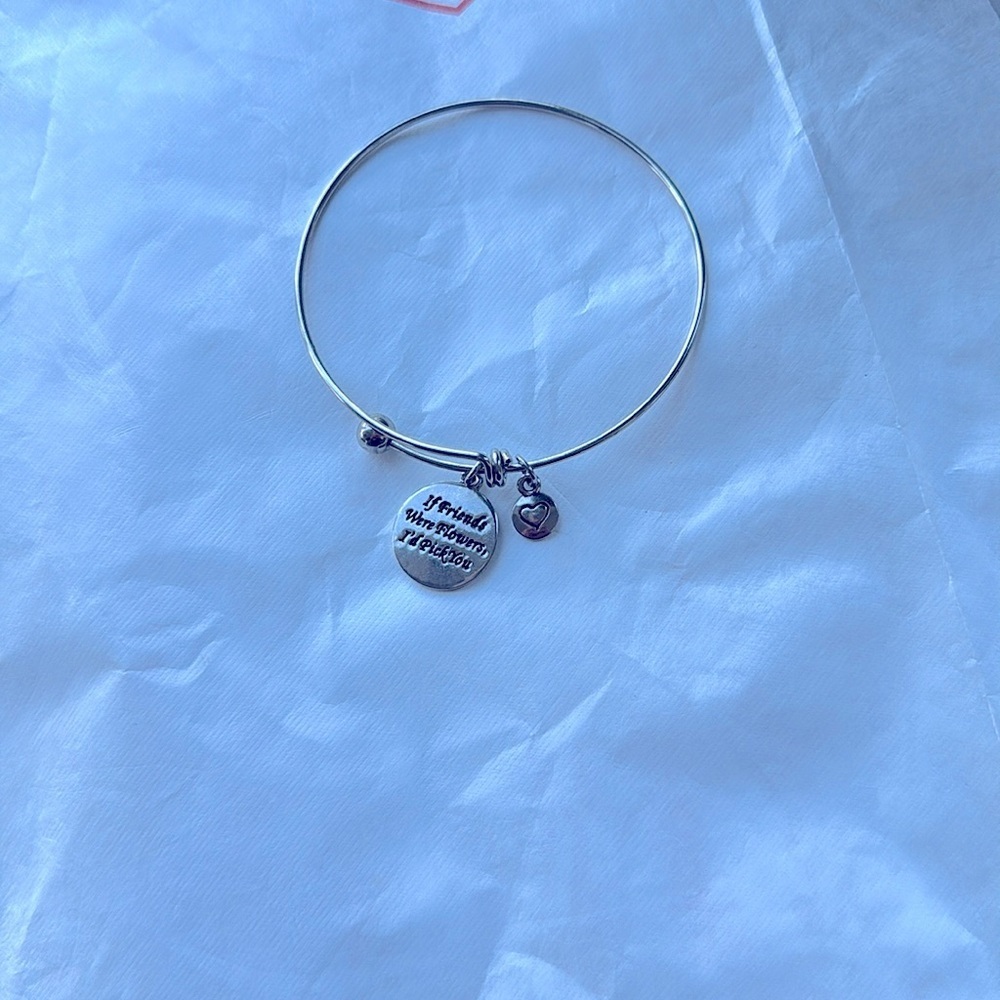 Silver Charm Bangle Bracelet, “If friends were flowers”, adjust, costume, used - Picture 5 of 5